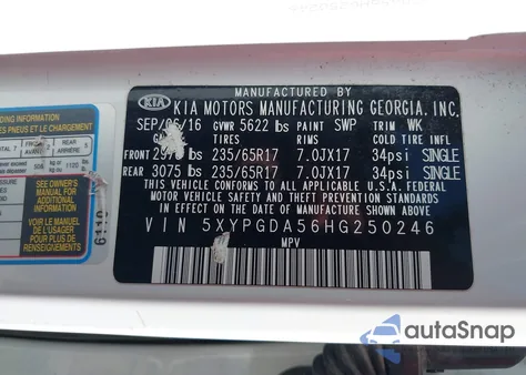 2017 Kia Sorento 3.3L Lx z USA, uszkodzony, nr VIN 5XYPGDA56HG250246